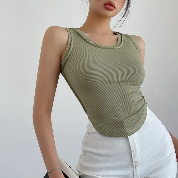 Mielle Solid Color U-Neck Wide Strap Slim Sleeveless Cropped Top