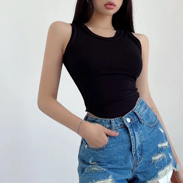Mielle Solid Color U-Neck Wide Strap Slim Sleeveless Cropped Top