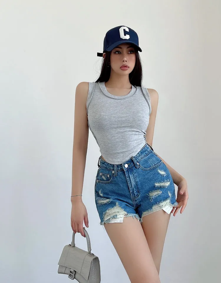 Mielle Solid Color U-Neck Wide Strap Slim Sleeveless Cropped Top