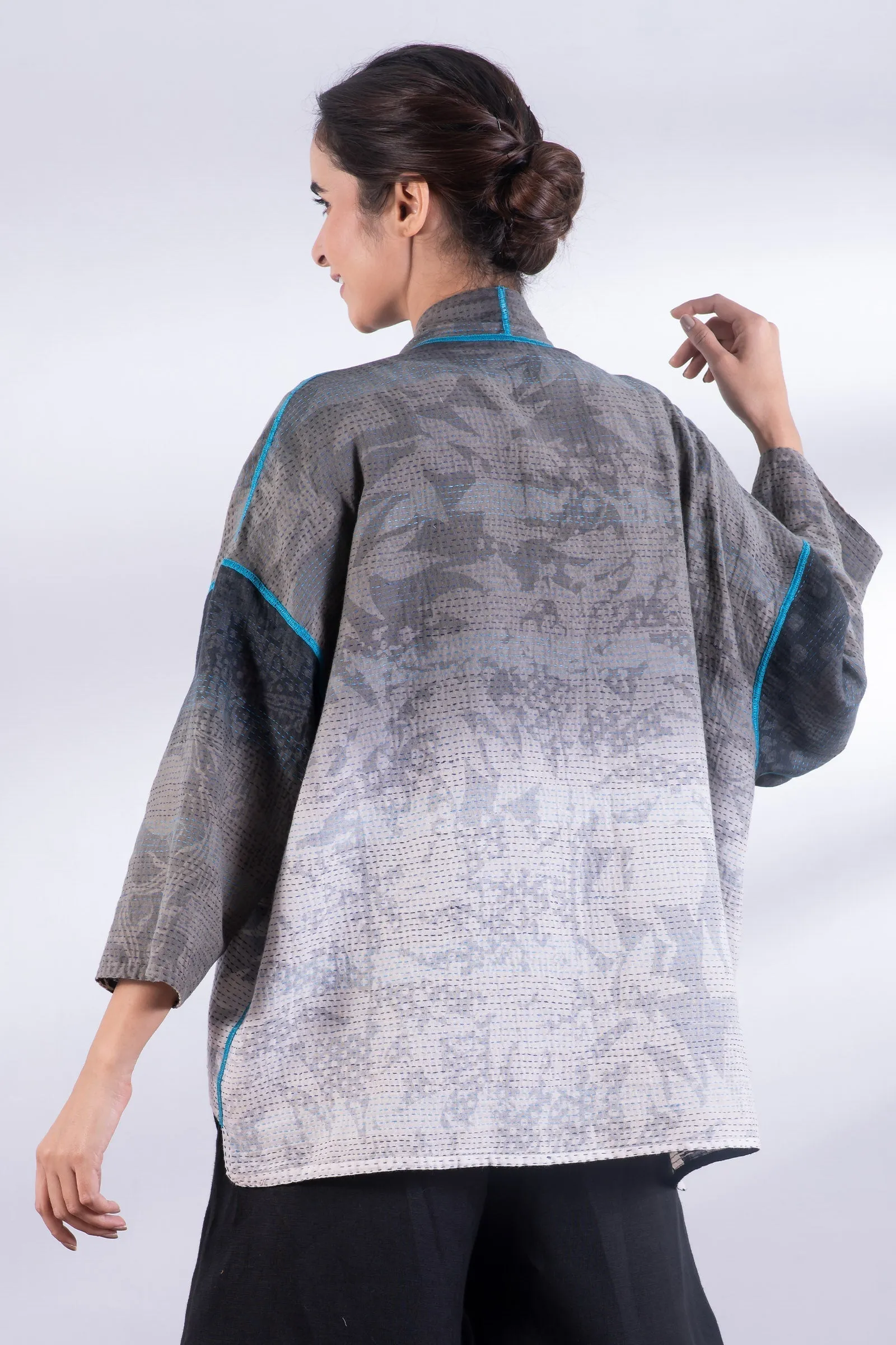 MONOTONE TWILIGHT PRINT KANTHA MINI KIMONO JKT - tp2055-blk -