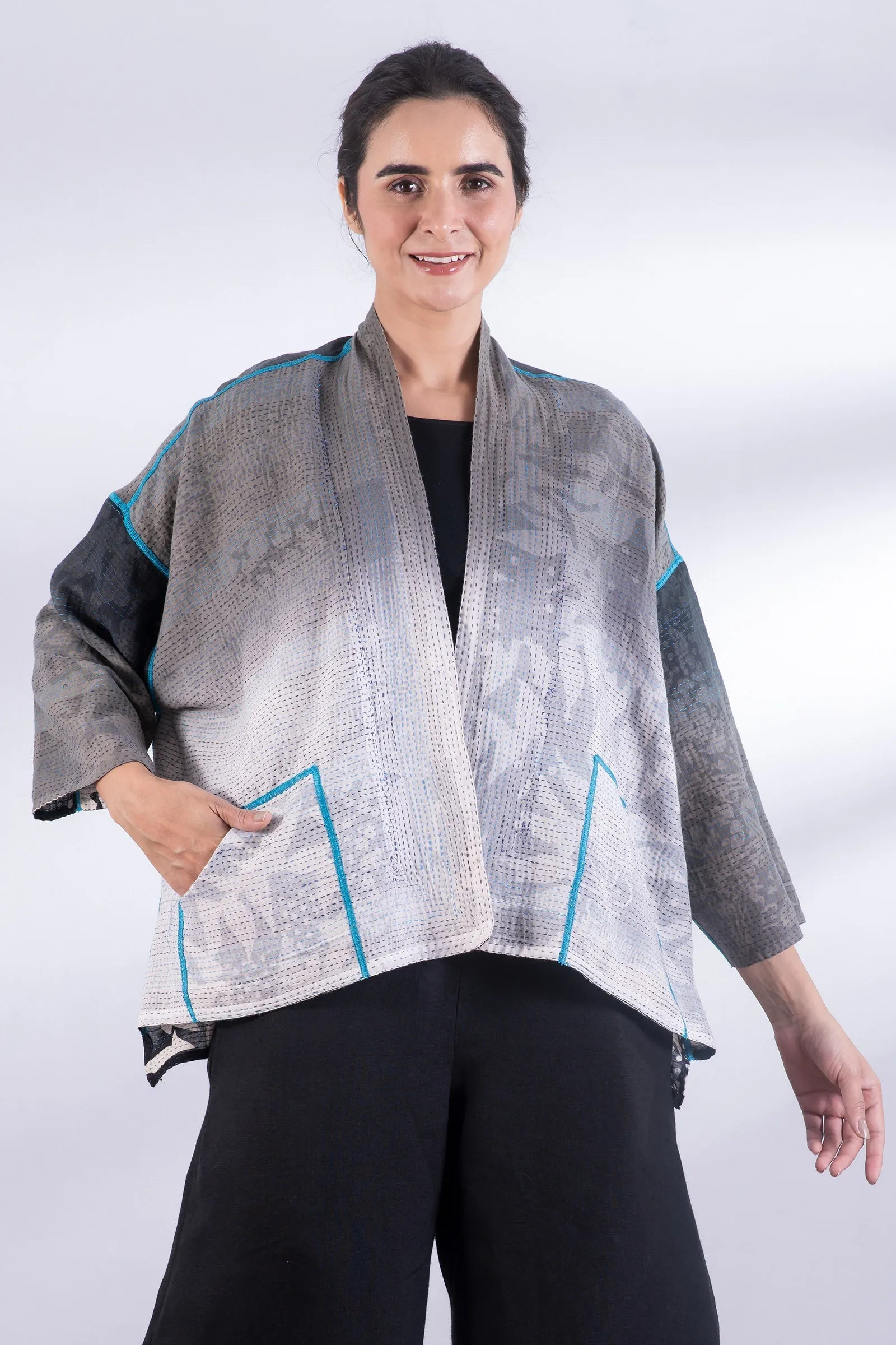 MONOTONE TWILIGHT PRINT KANTHA MINI KIMONO JKT - tp2055-blk -