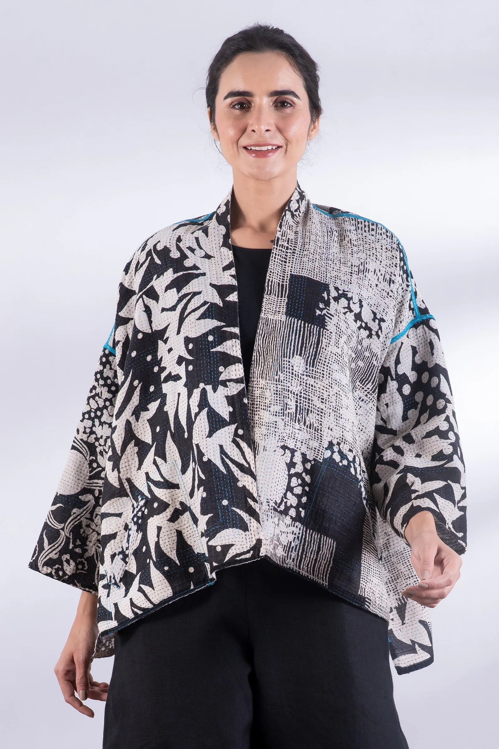 MONOTONE TWILIGHT PRINT KANTHA MINI KIMONO JKT - tp2055-blk -