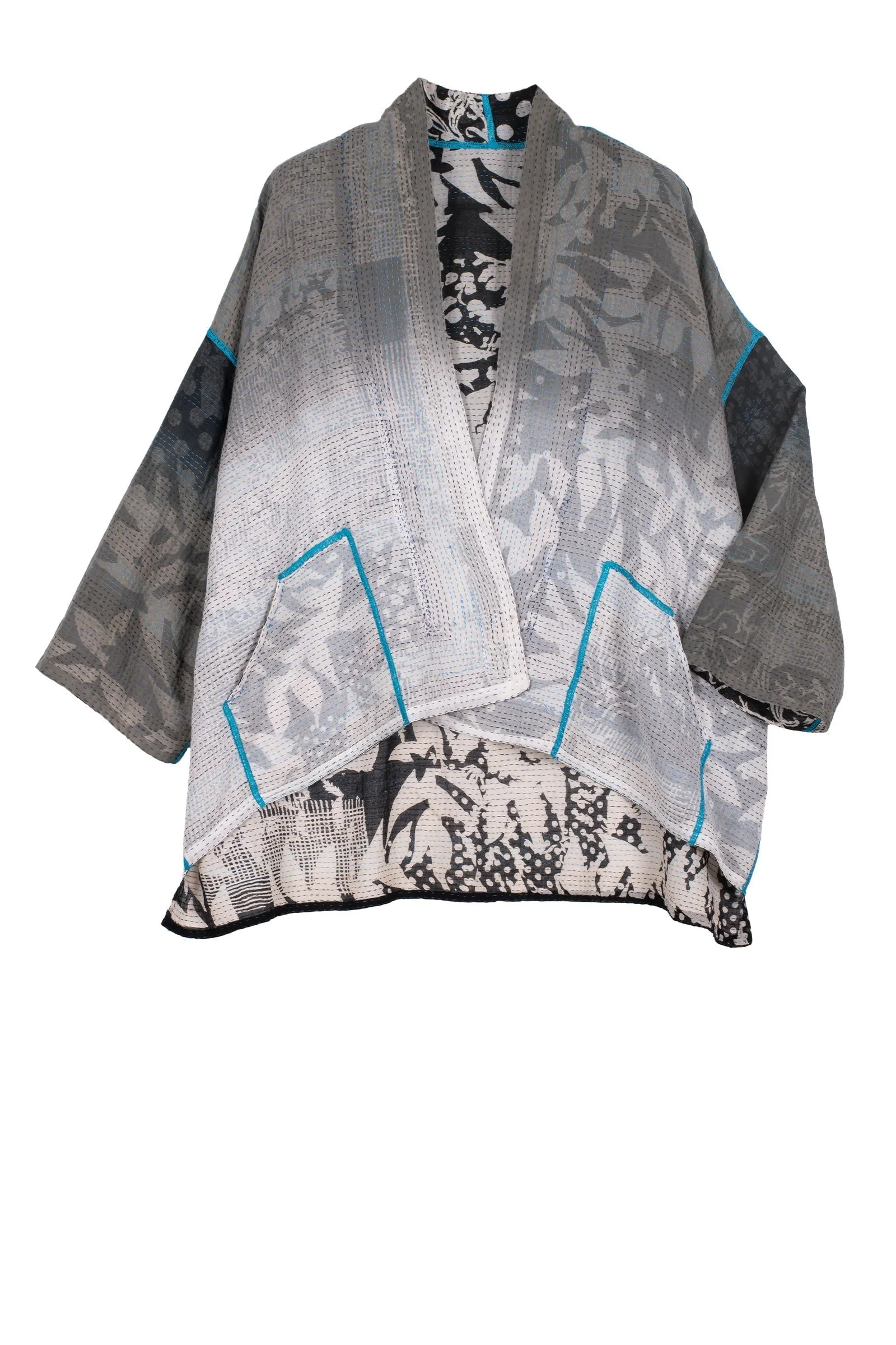 MONOTONE TWILIGHT PRINT KANTHA MINI KIMONO JKT - tp2055-blk -