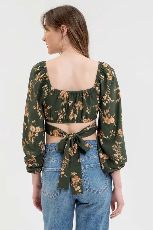 NATALIE FLORAL LONG SLEEVE BACK TIE CORSET CROP TOP