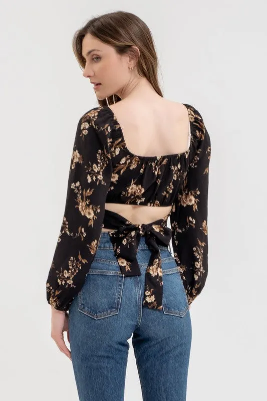 NATALIE FLORAL LONG SLEEVE BACK TIE CORSET CROP TOP