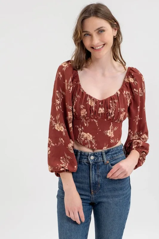 NATALIE FLORAL LONG SLEEVE BACK TIE CORSET CROP TOP