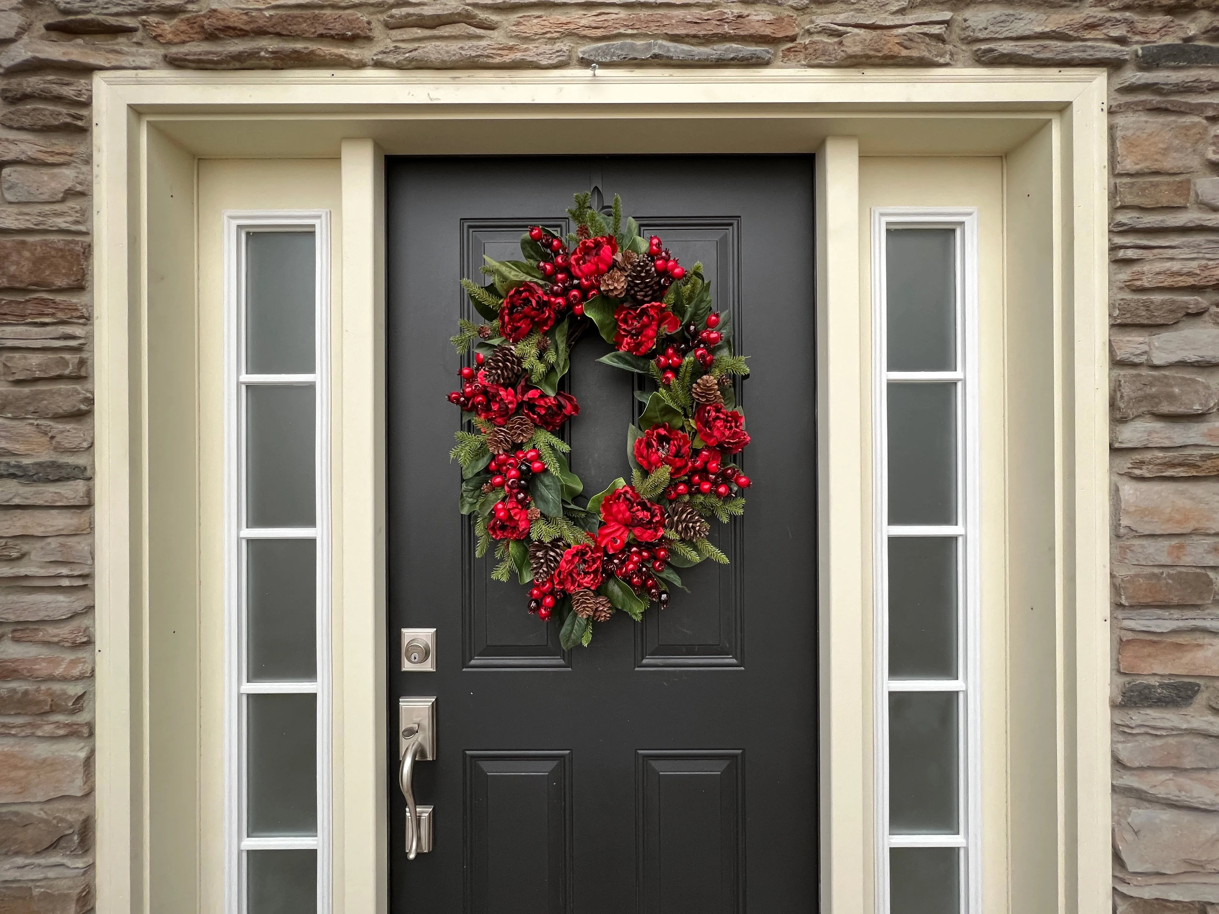 Oval Wreath with Holiday Red Peonies and Pinecones