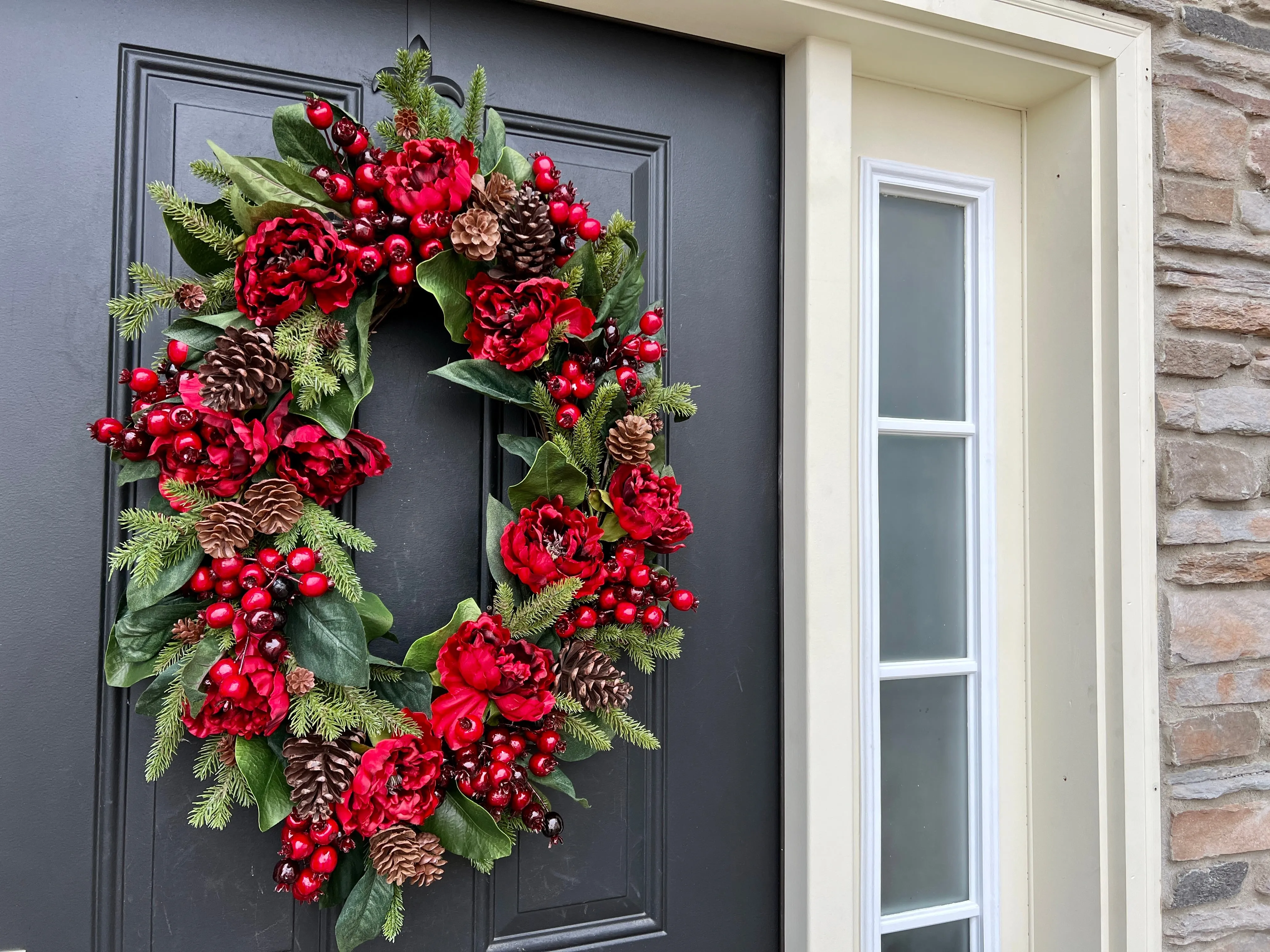 Oval Wreath with Holiday Red Peonies and Pinecones