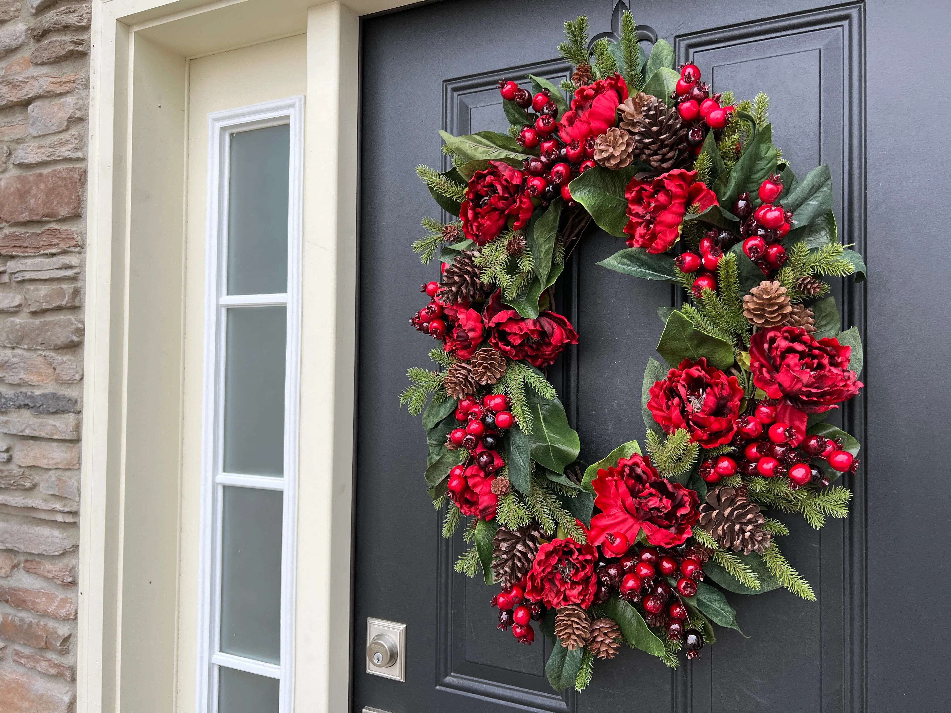 Oval Wreath with Holiday Red Peonies and Pinecones