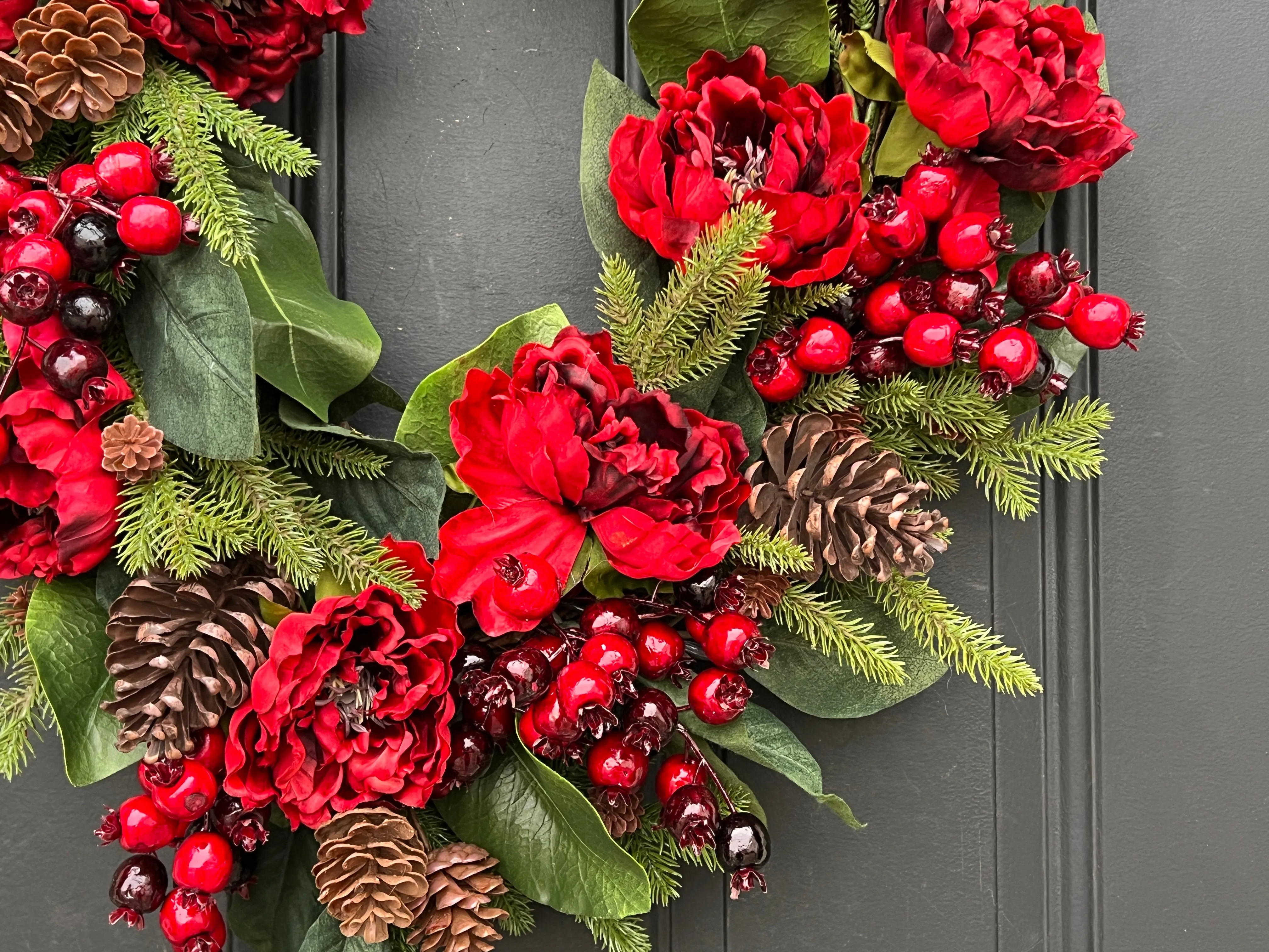 Oval Wreath with Holiday Red Peonies and Pinecones