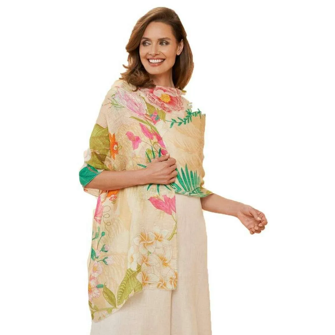 Powder Linen Tropical Flora and Fauna Scarf  - Coconut Cream