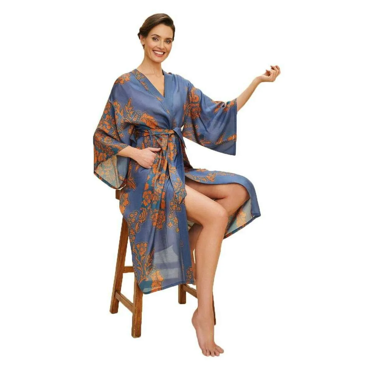 Powder Tapestry Kimono Gown - Denim Blue