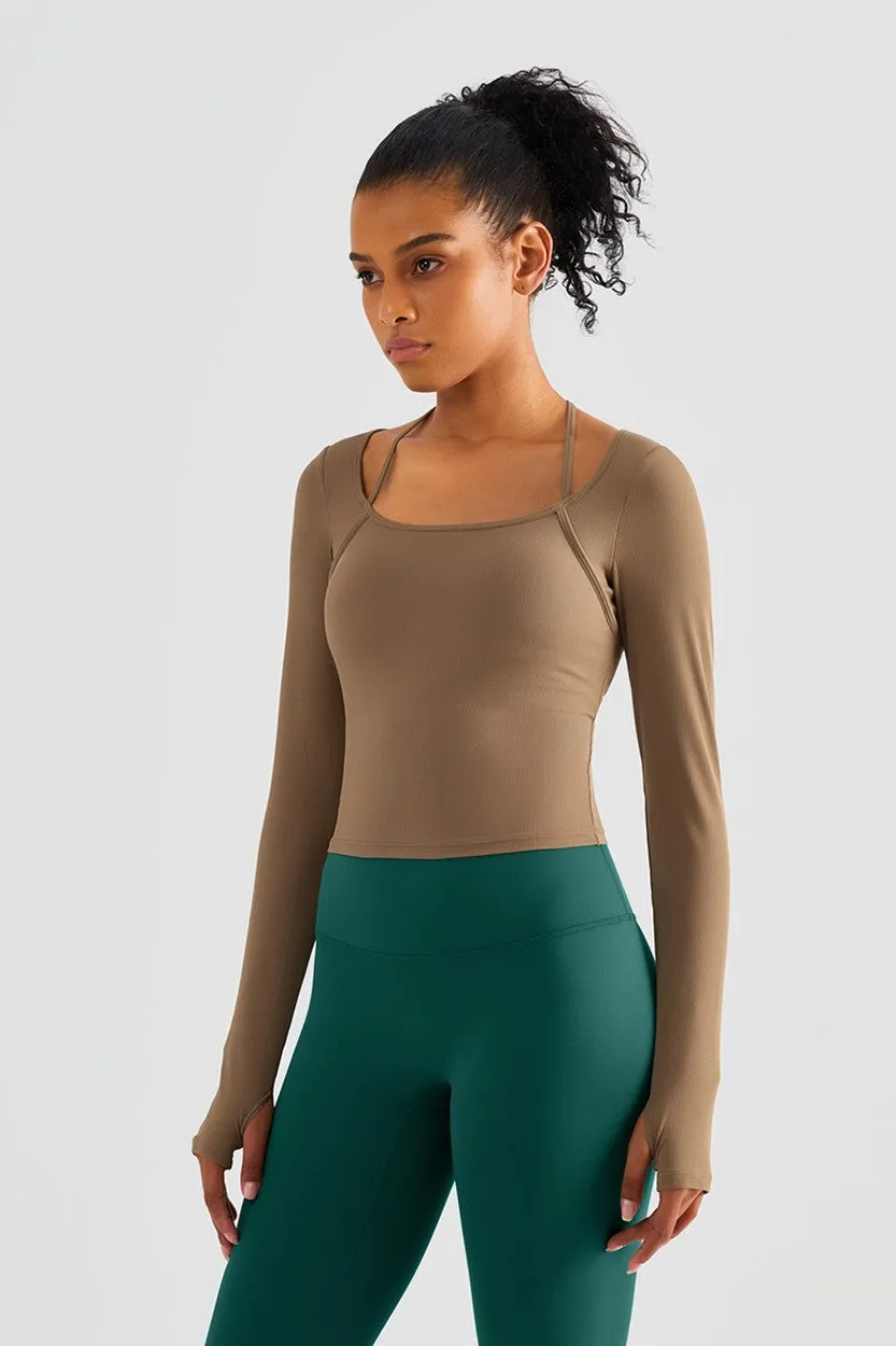 Rib Knit Halter Neck Long Sleeve Top