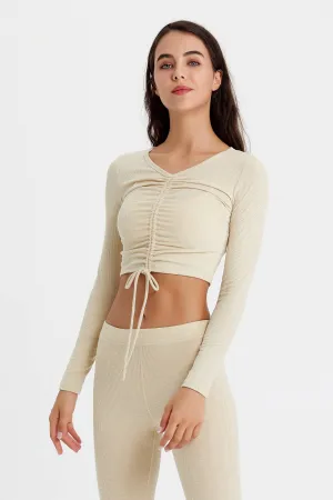 Ribbed Long Sleeve Ruched-Front Crop Top