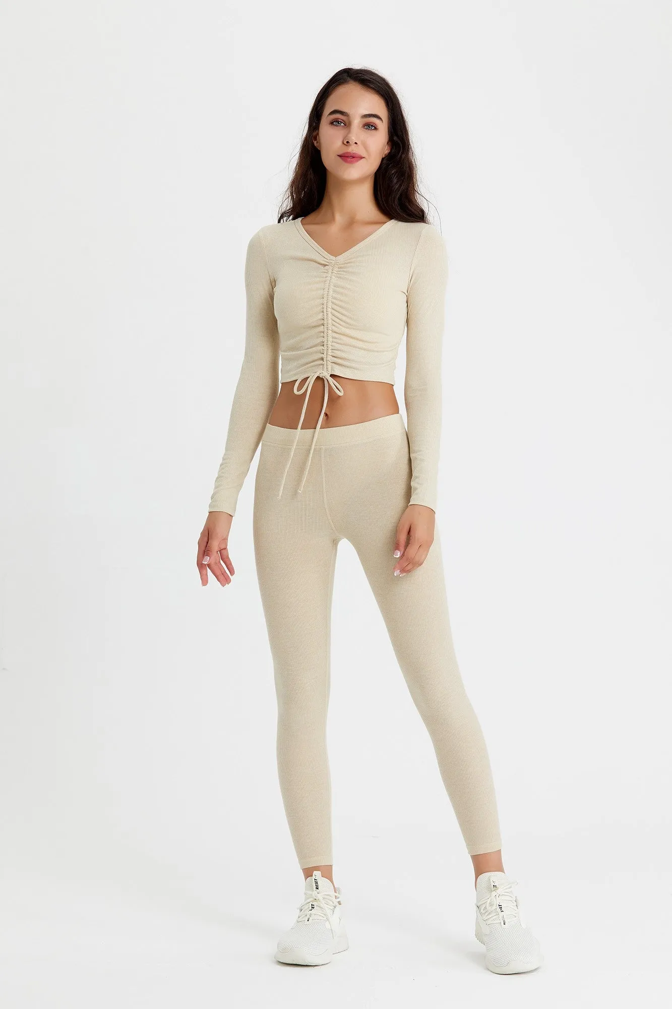 Ribbed Long Sleeve Ruched-Front Crop Top