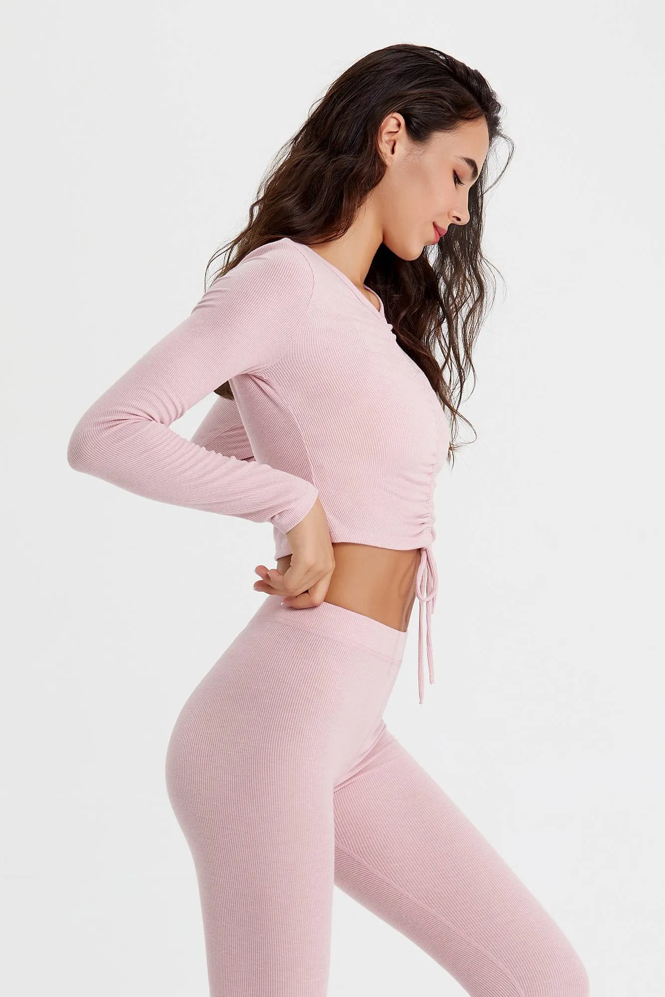 Ribbed Long Sleeve Ruched-Front Crop Top