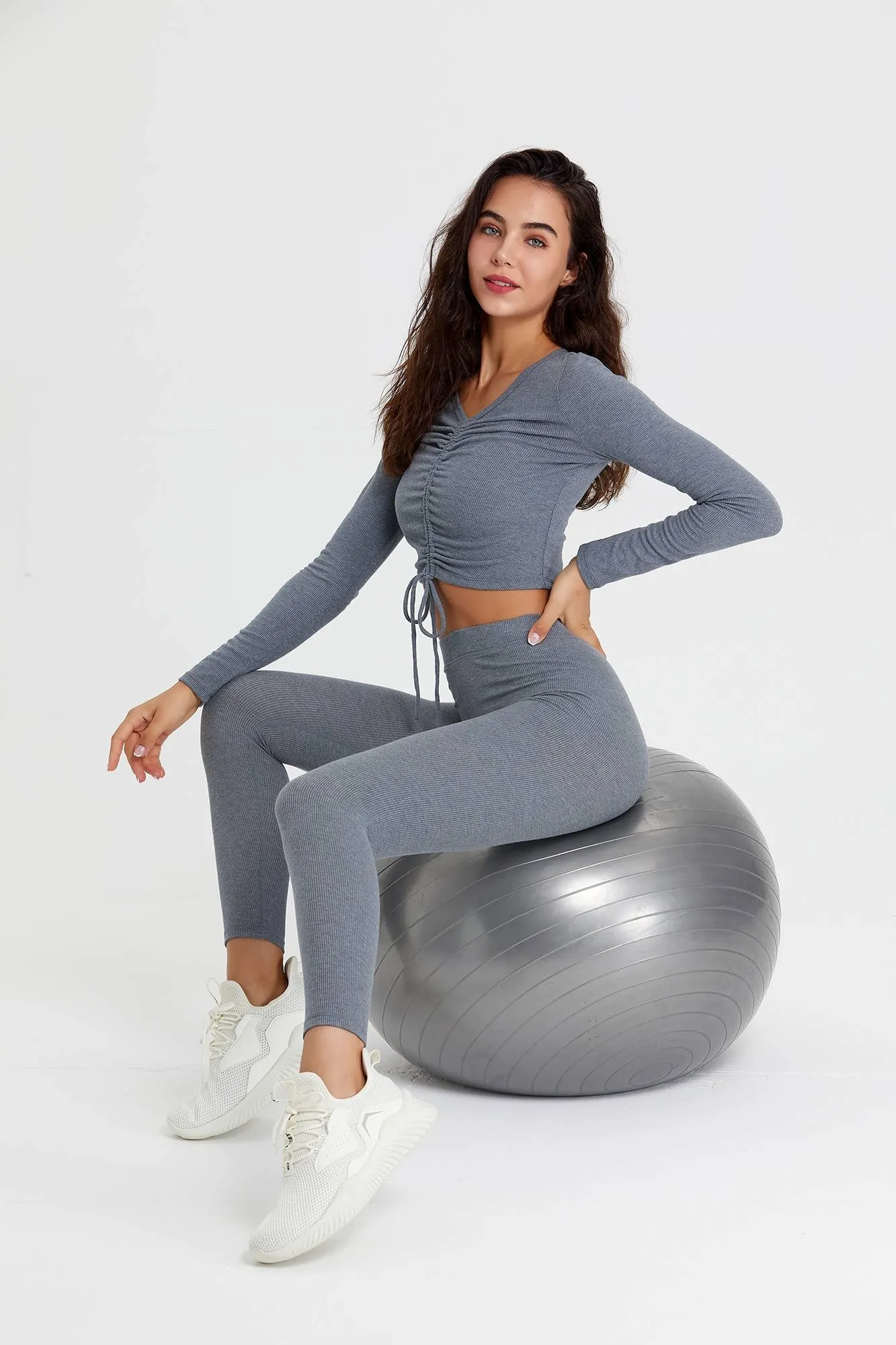 Ribbed Long Sleeve Ruched-Front Crop Top