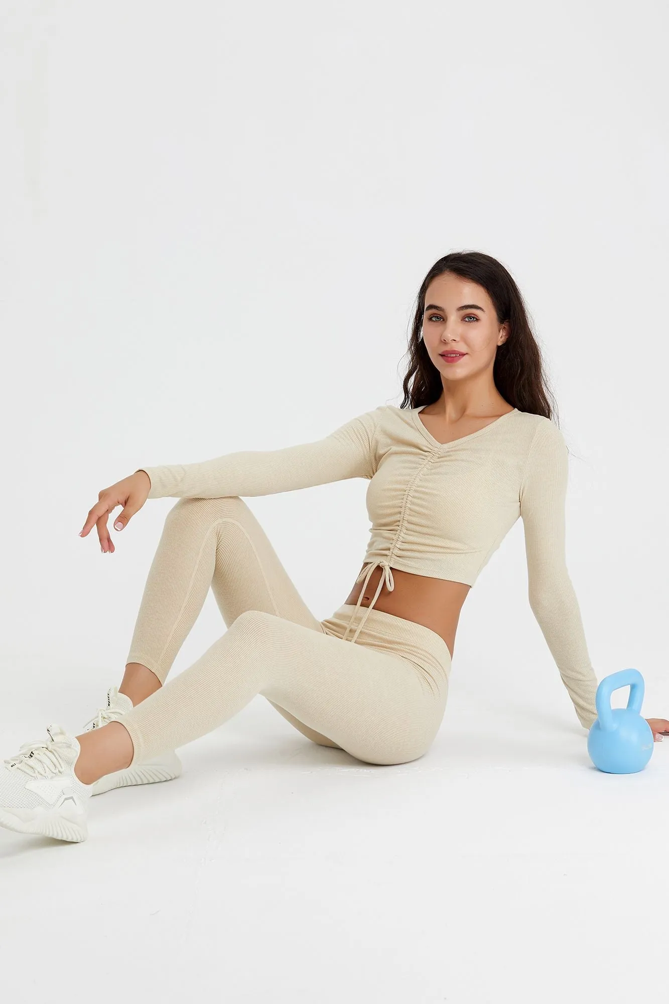 Ribbed Long Sleeve Ruched-Front Crop Top