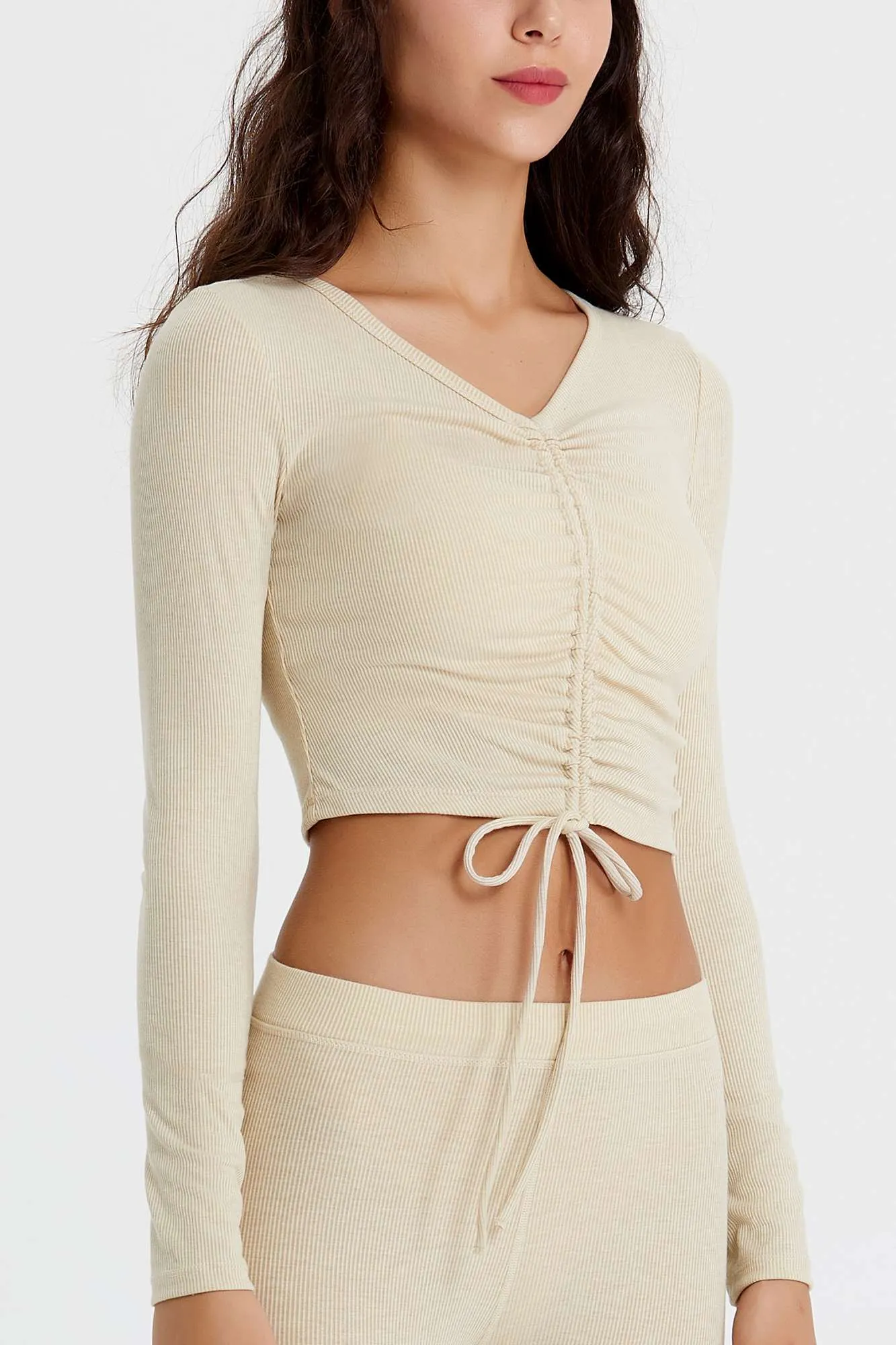 Ribbed Long Sleeve Ruched-Front Crop Top