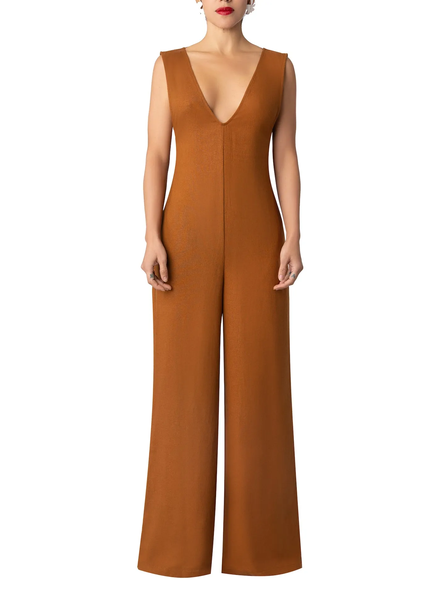 “Rue” Cognac Linen Jumpsuit