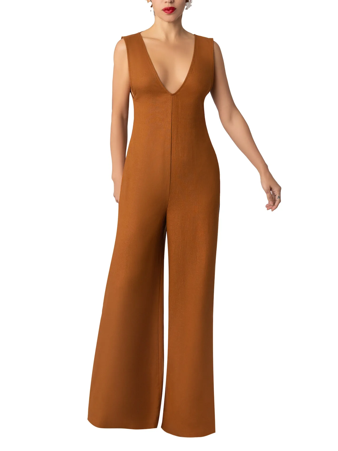 “Rue” Cognac Linen Jumpsuit