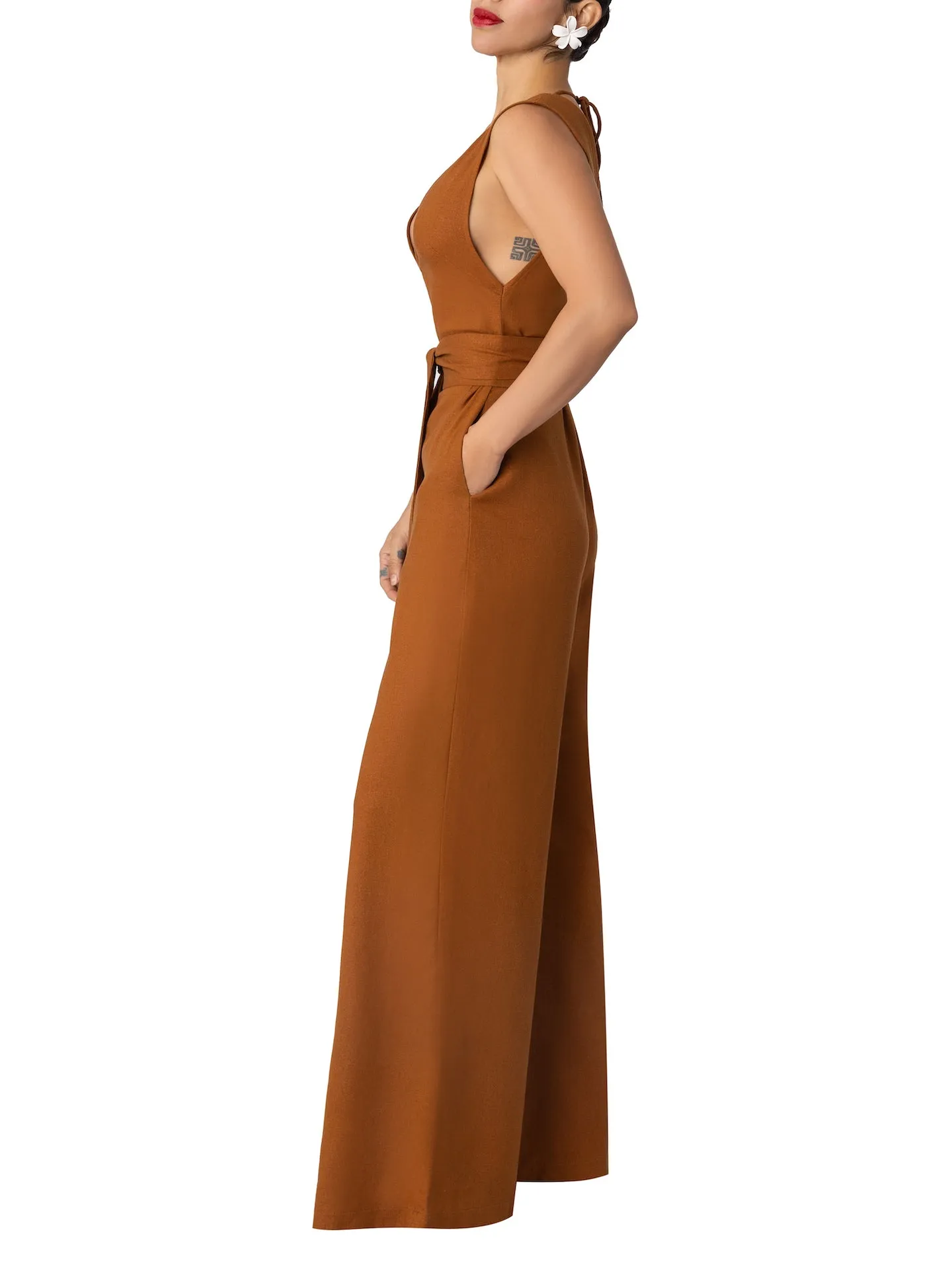 “Rue” Cognac Linen Jumpsuit