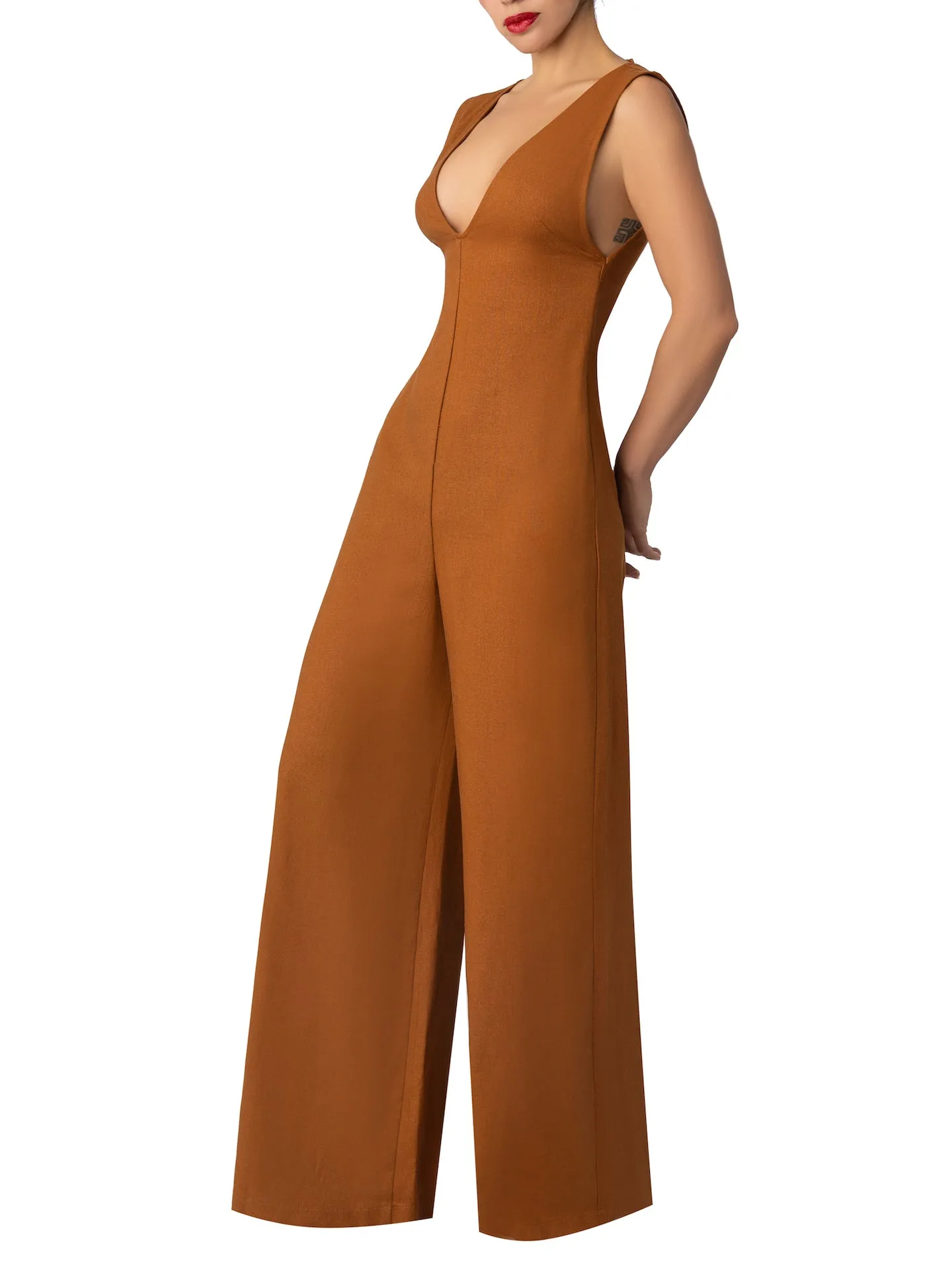 “Rue” Cognac Linen Jumpsuit