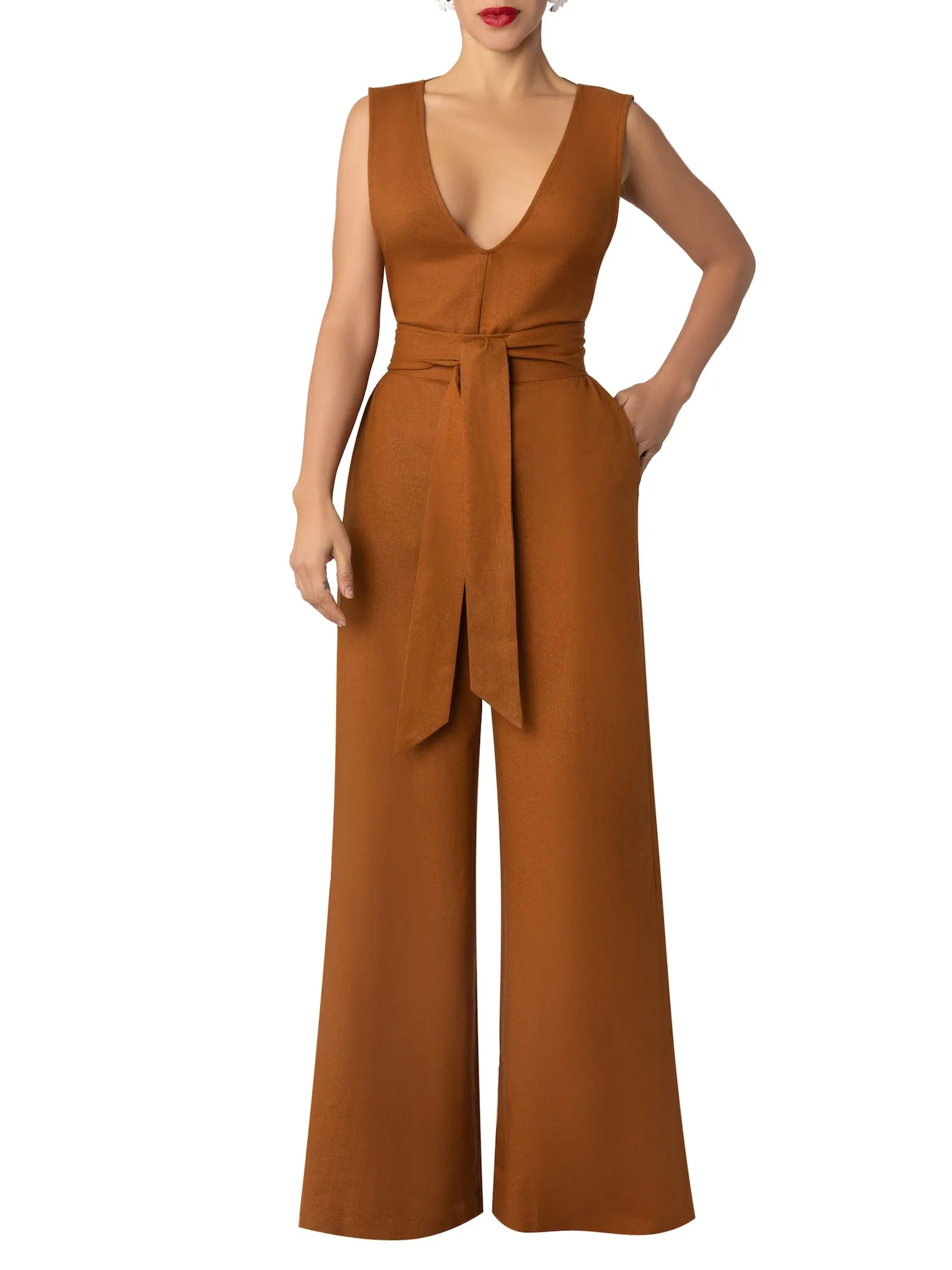 “Rue” Cognac Linen Jumpsuit