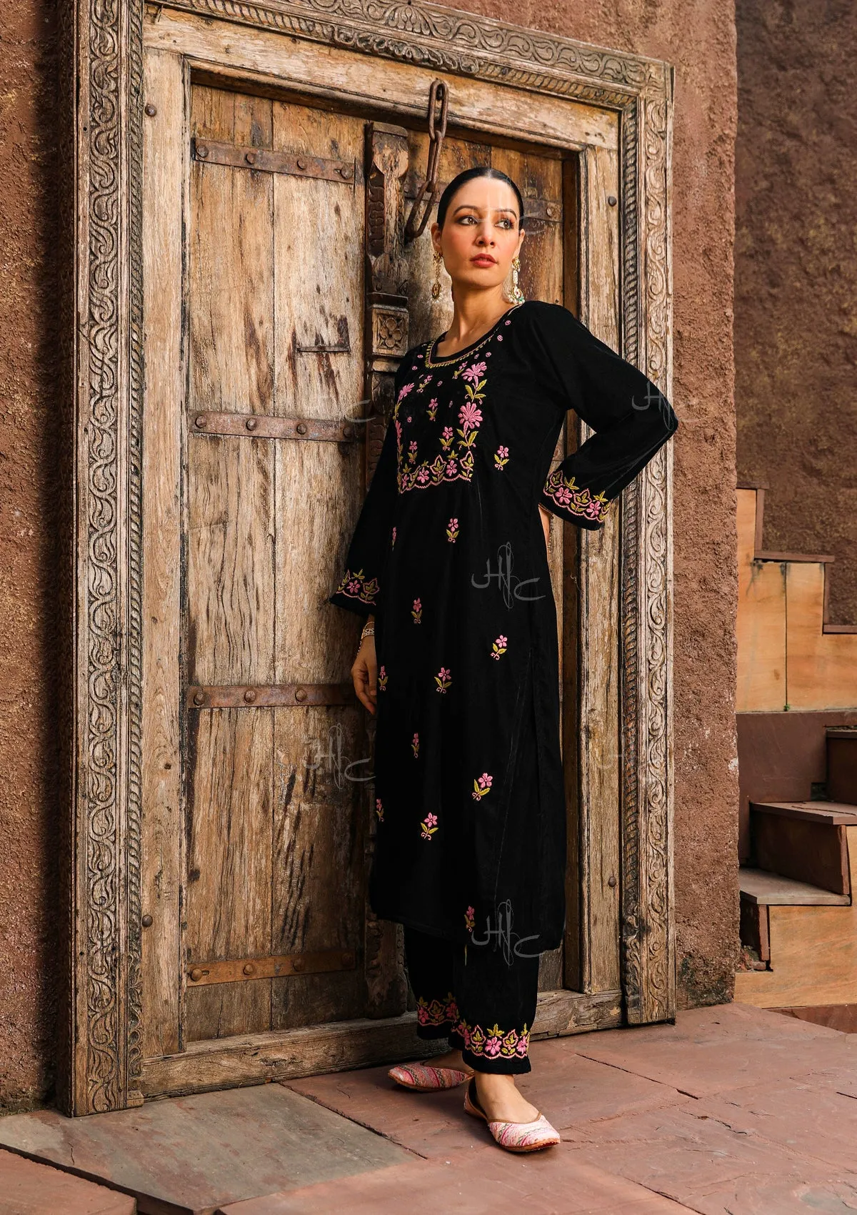 Rumi Chikankari Velvet Straight Kurta Set