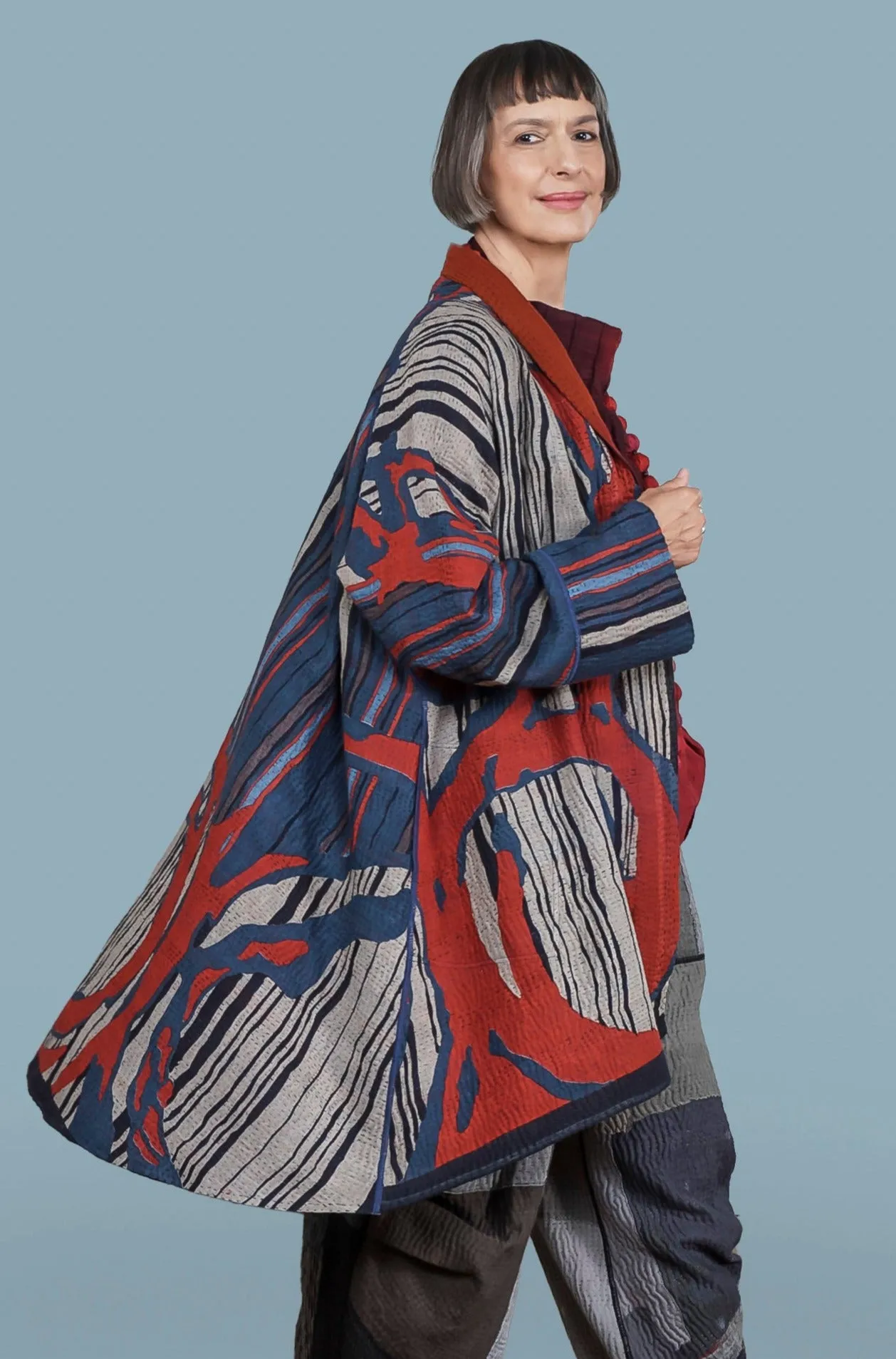 STRIPE AND BENDS KANTHA KIMONO LONG JACKET - sb4005-red -