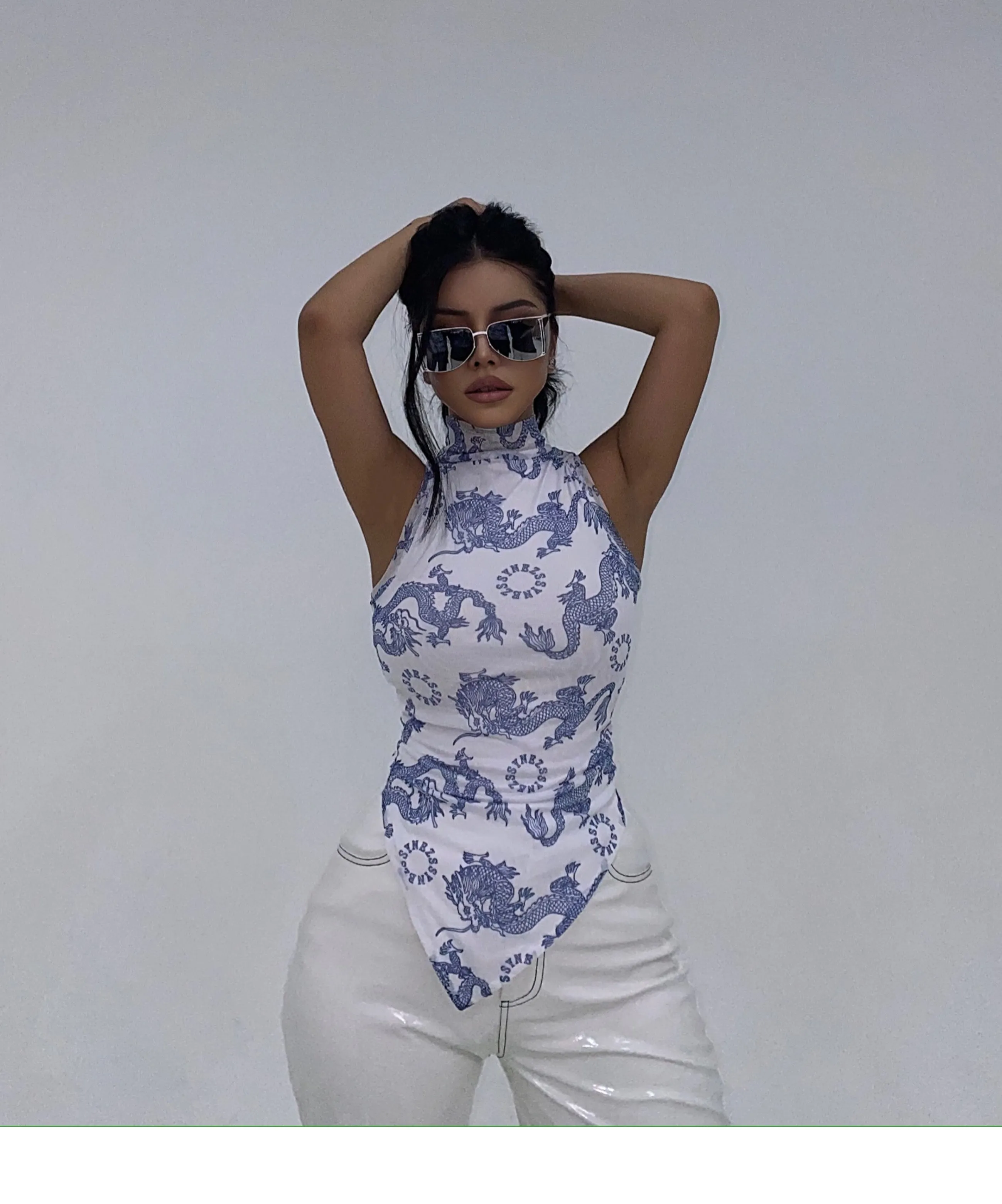 SYNEZ Blue Dragon Turtleneck Sleeveless Top