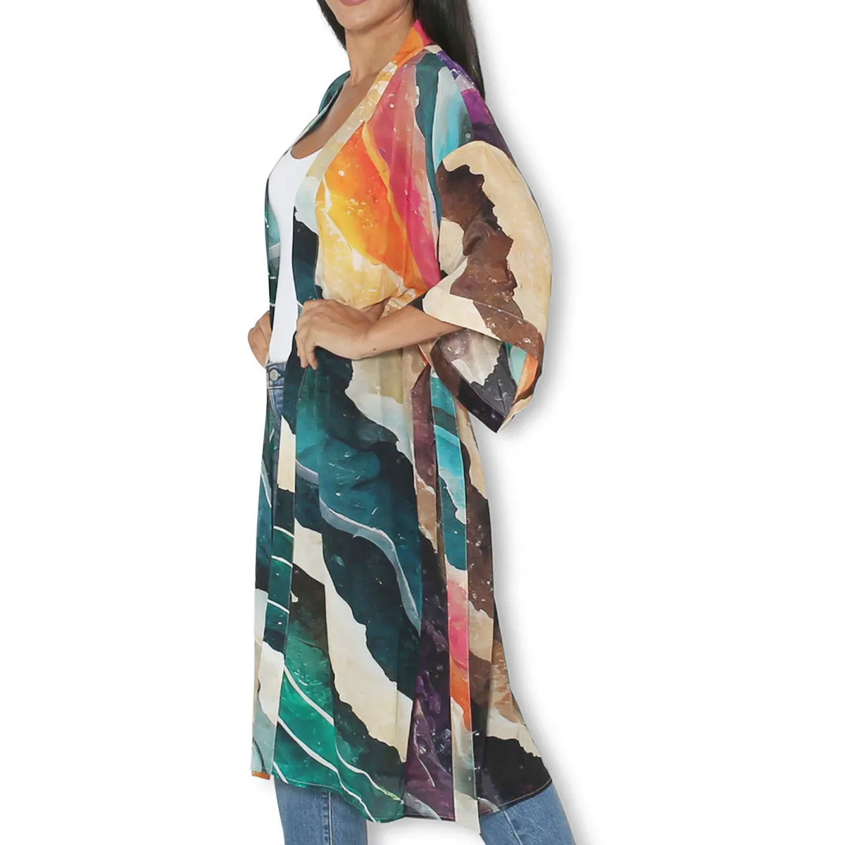 The Artists Label 'Rainbow Planet' Silk Kimono Robe