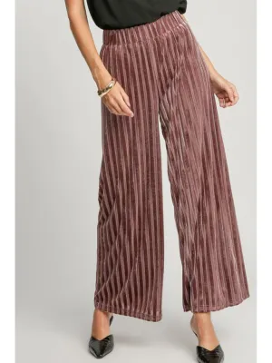 Umgee Full Size Elastic Waist Striped Wide Leg Velvet Pants