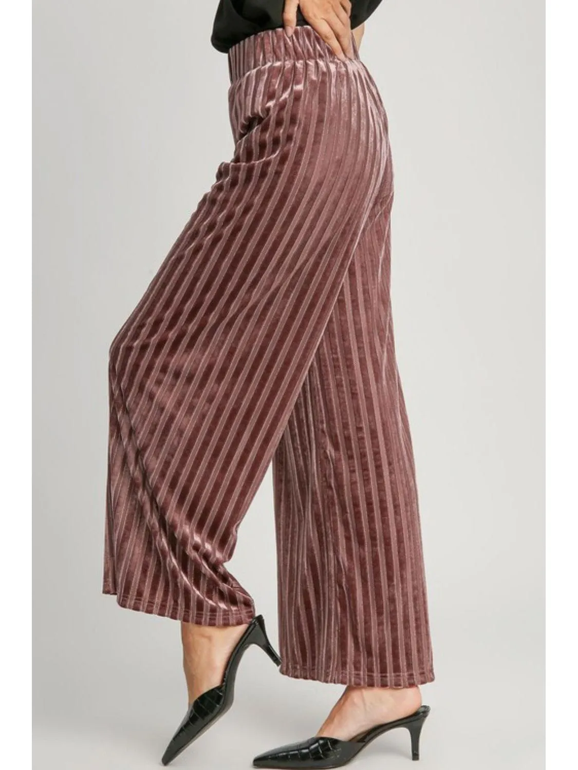 Umgee Full Size Elastic Waist Striped Wide Leg Velvet Pants