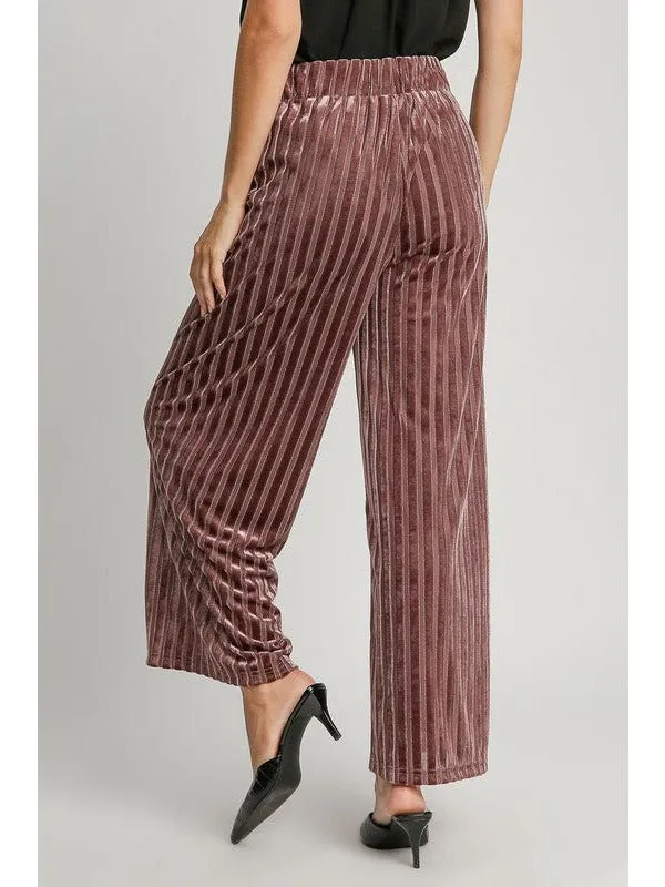 Umgee Full Size Elastic Waist Striped Wide Leg Velvet Pants