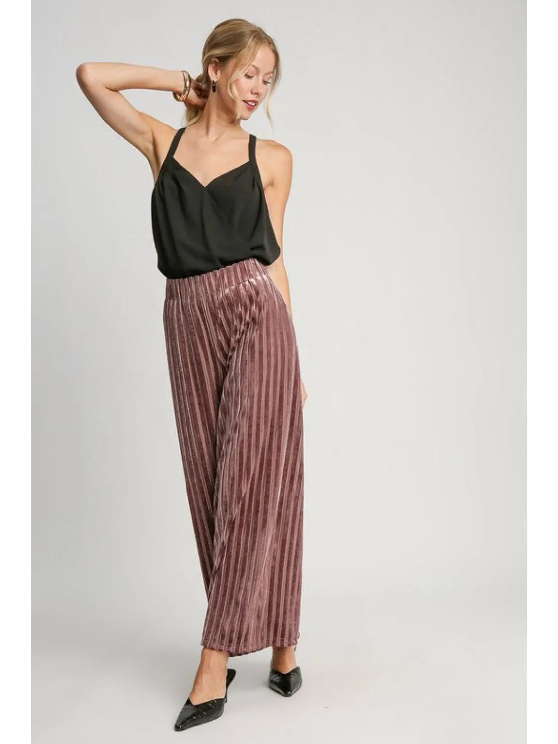 Umgee Full Size Elastic Waist Striped Wide Leg Velvet Pants