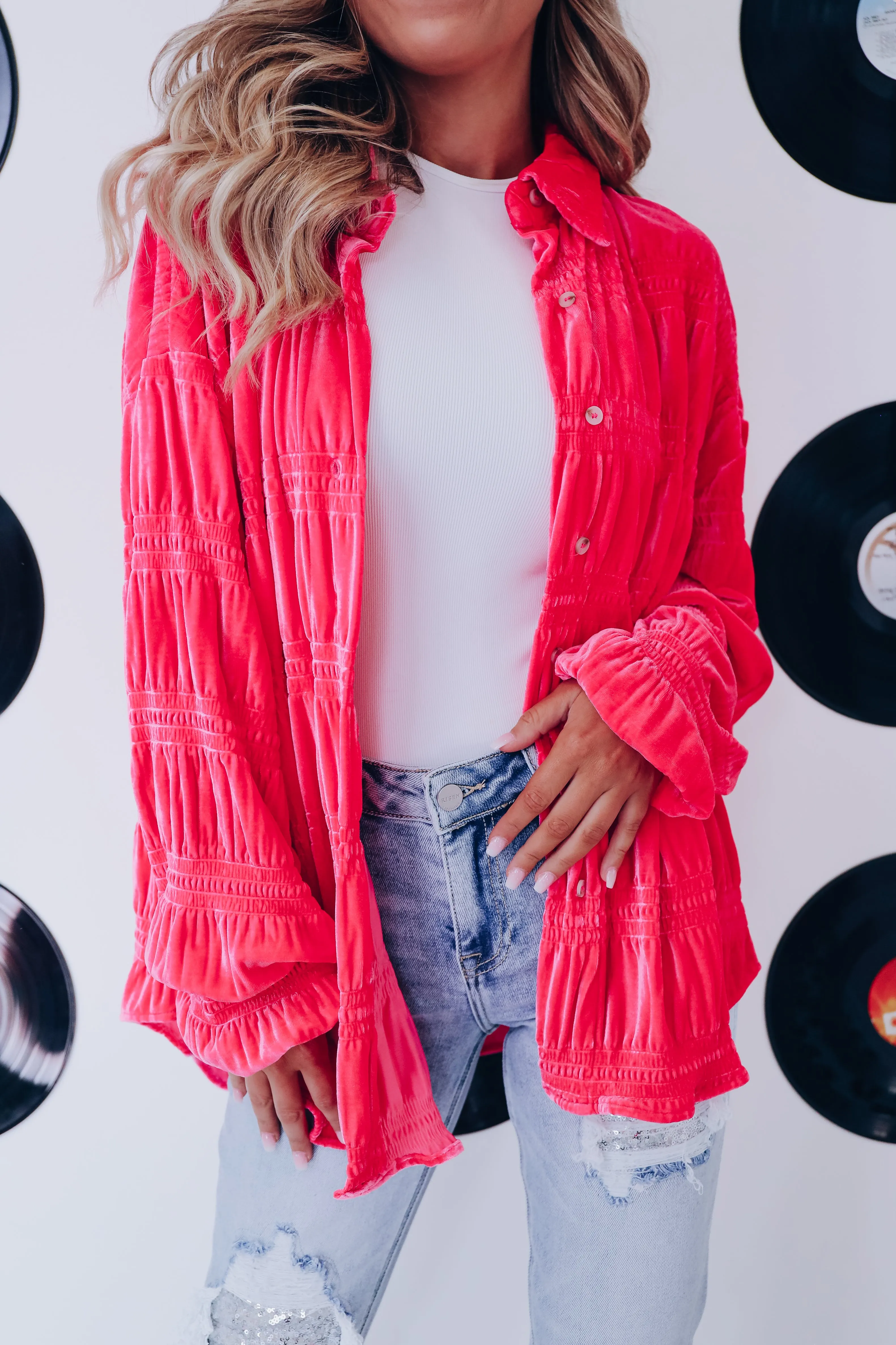 Velvety Smocked Shacket - Pink