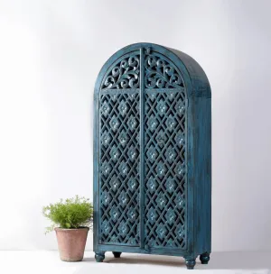 Vintage Handmade Hand Carved Wooden Armoire in Blue Color
