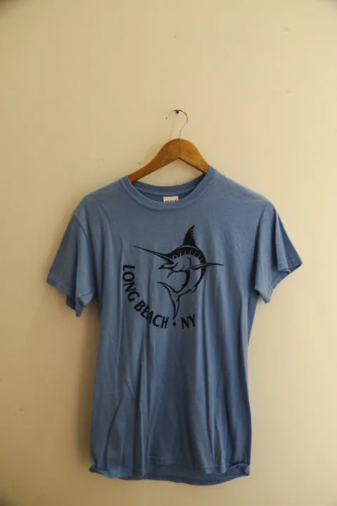 Vintage Long Beach New York graphics mens blue premium short tees