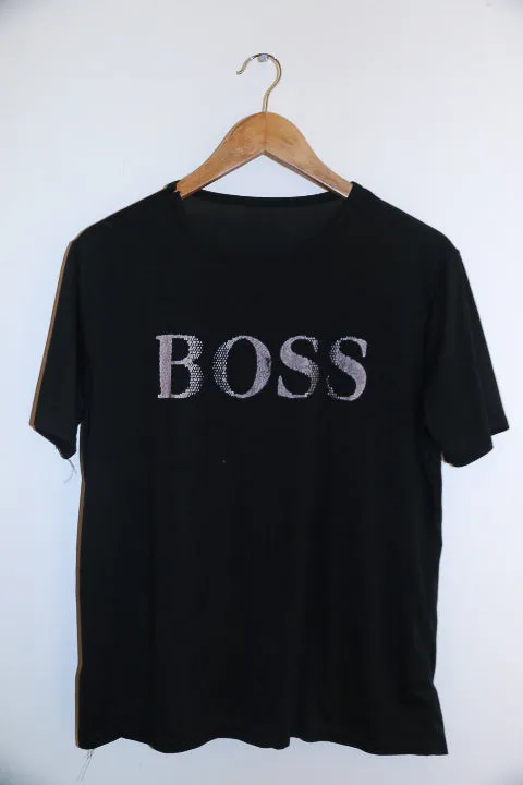 Vintage small black Hugo Boss logo mens tees