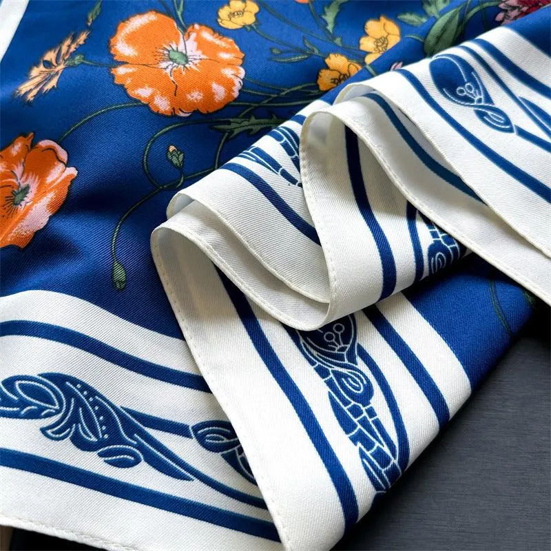 White Floral Butterfly Chic Large Satin Scarf | 90x90cm Bandana | Twill Satin Shawl | Perfect Gift for Her, Mother's Day