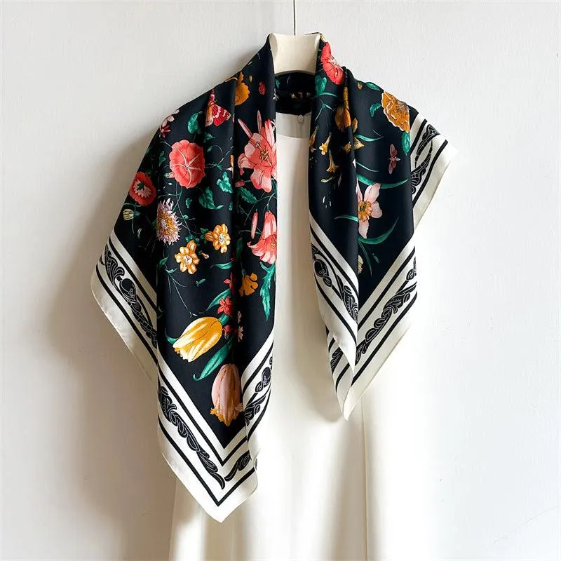 White Floral Butterfly Chic Large Satin Scarf | 90x90cm Bandana | Twill Satin Shawl | Perfect Gift for Her, Mother's Day