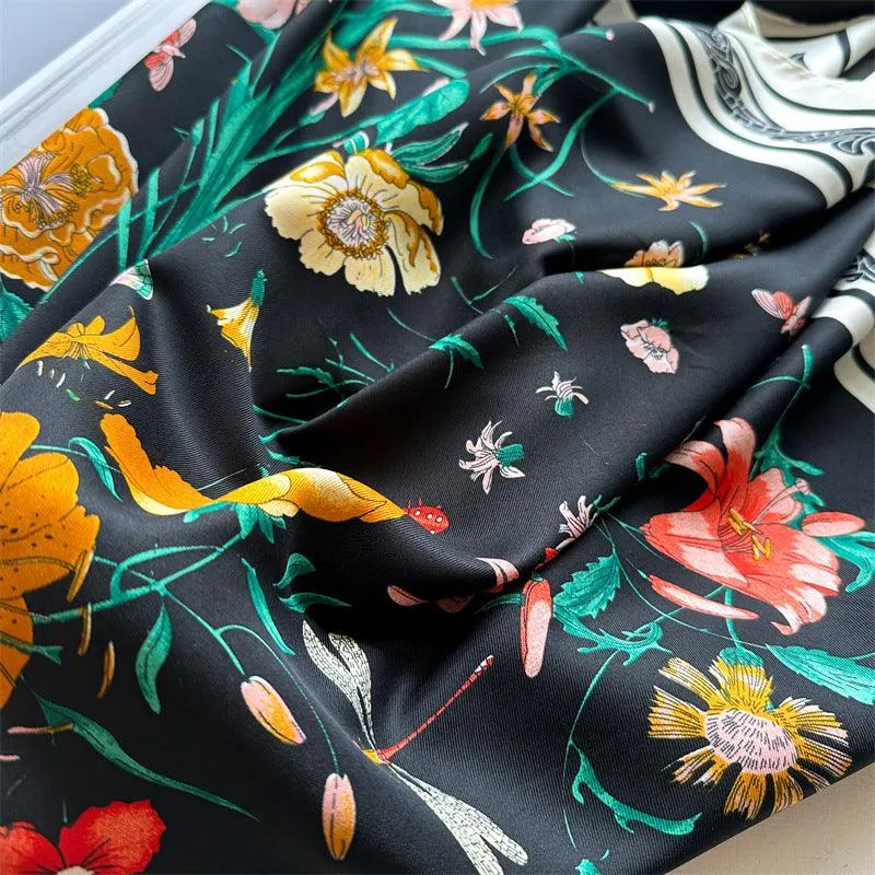 White Floral Butterfly Chic Large Satin Scarf | 90x90cm Bandana | Twill Satin Shawl | Perfect Gift for Her, Mother's Day