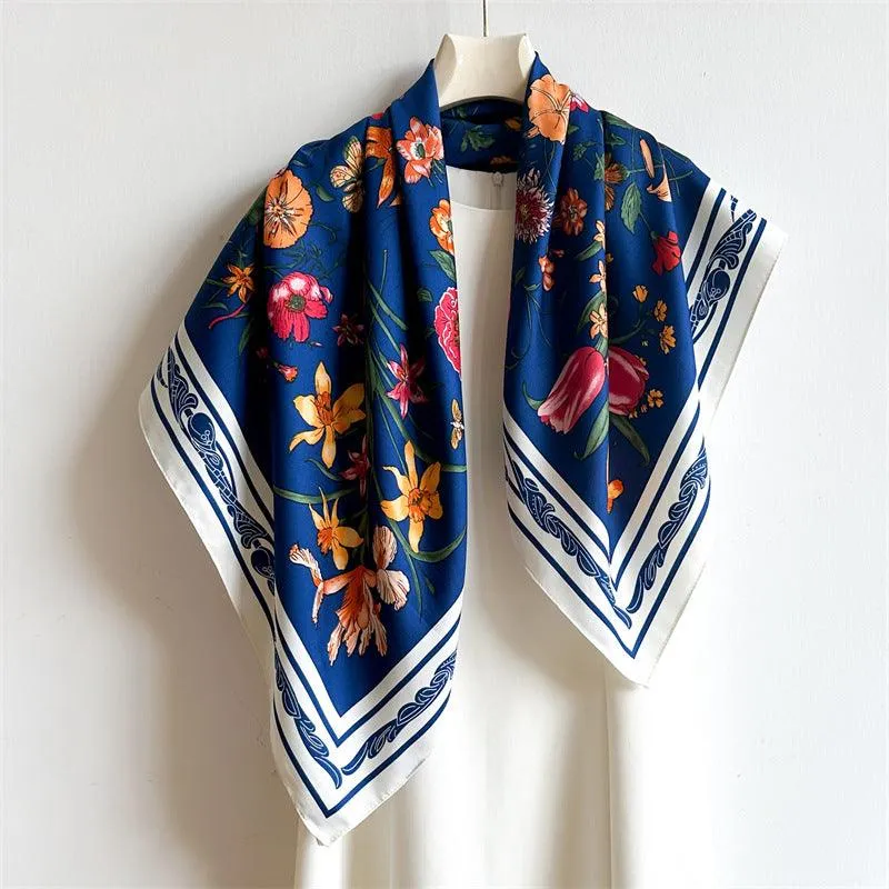 White Floral Butterfly Chic Large Satin Scarf | 90x90cm Bandana | Twill Satin Shawl | Perfect Gift for Her, Mother's Day