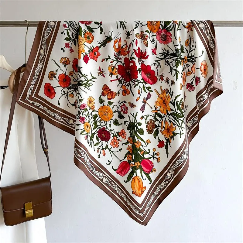White Floral Butterfly Chic Large Satin Scarf | 90x90cm Bandana | Twill Satin Shawl | Perfect Gift for Her, Mother's Day