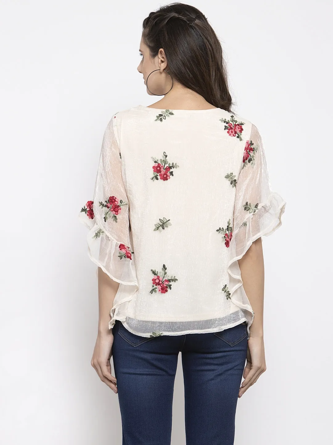 Women White Top With Embroidered Net Layer