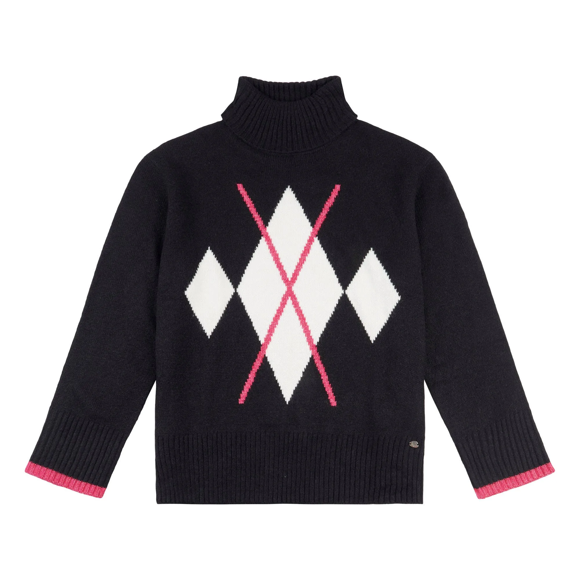 Womens Argyle Roll Neck Knitted Jumper in Black