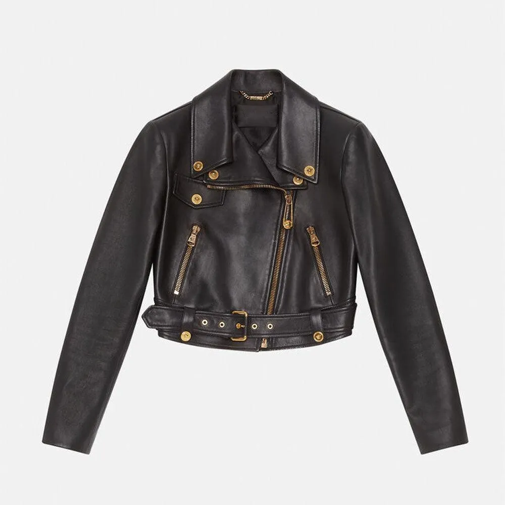 Women's black sheepskin leather biker jacket