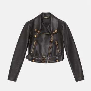 Women's black sheepskin leather biker jacket