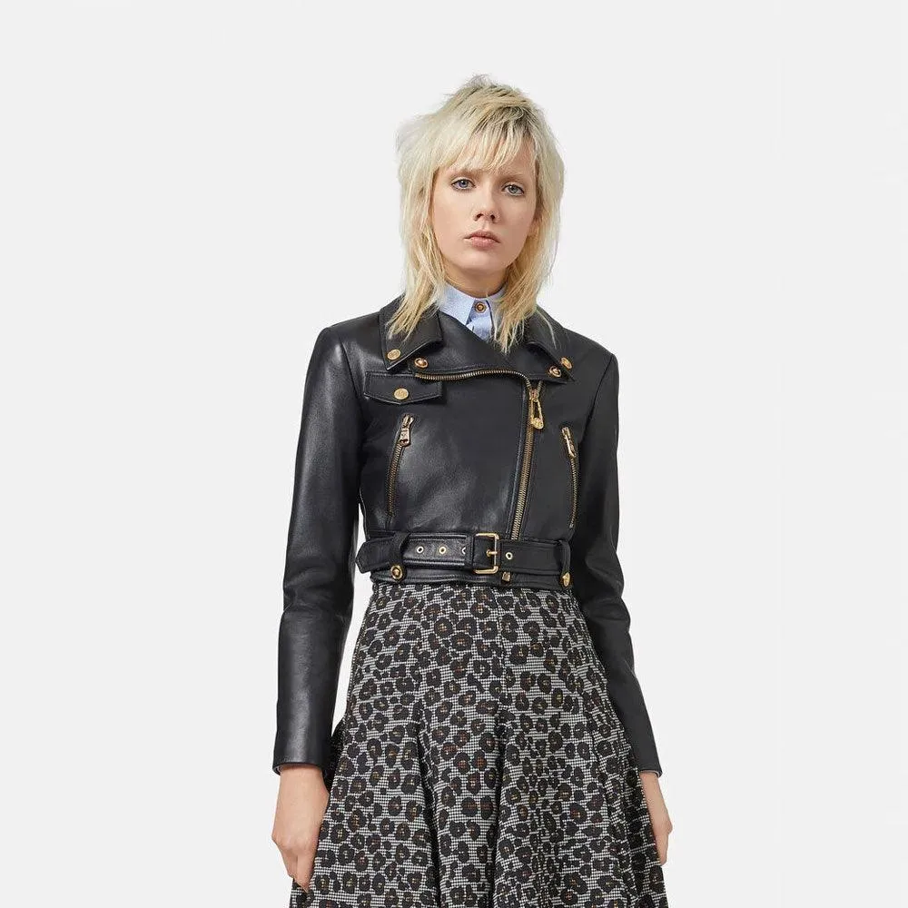 Women's black sheepskin leather biker jacket